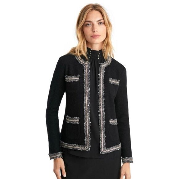 Karl Lagerfeld Black Tweed Boiled Wool Blend Gold Trim Preppy Jacket Size Small - Picture 1 of 7